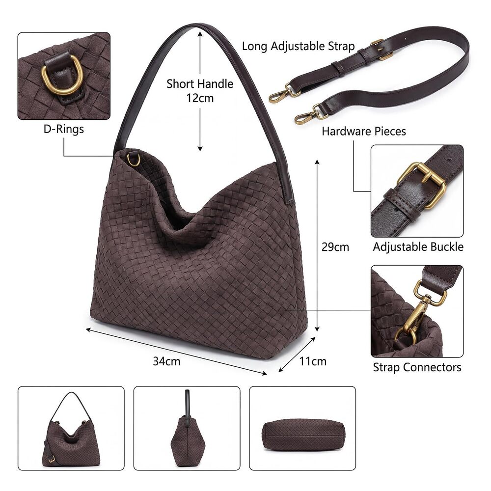 8677 Suede Woven Tote Bag Braided Handbag Shoulder Purse Large Hobo Satchel - Picture 5 of 9